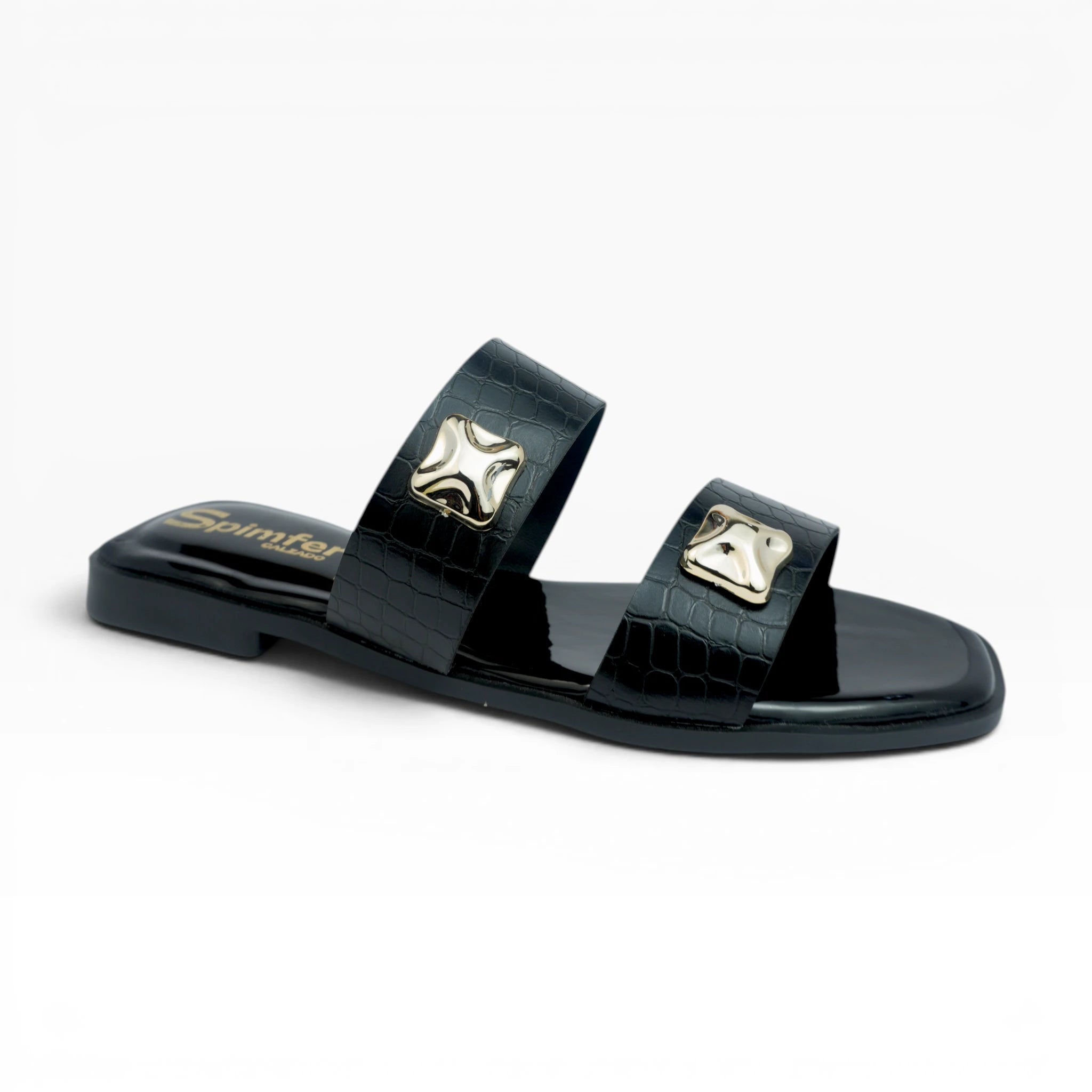 Sandalias Planas Negras con Dos Correas y Herrajes Spimfer