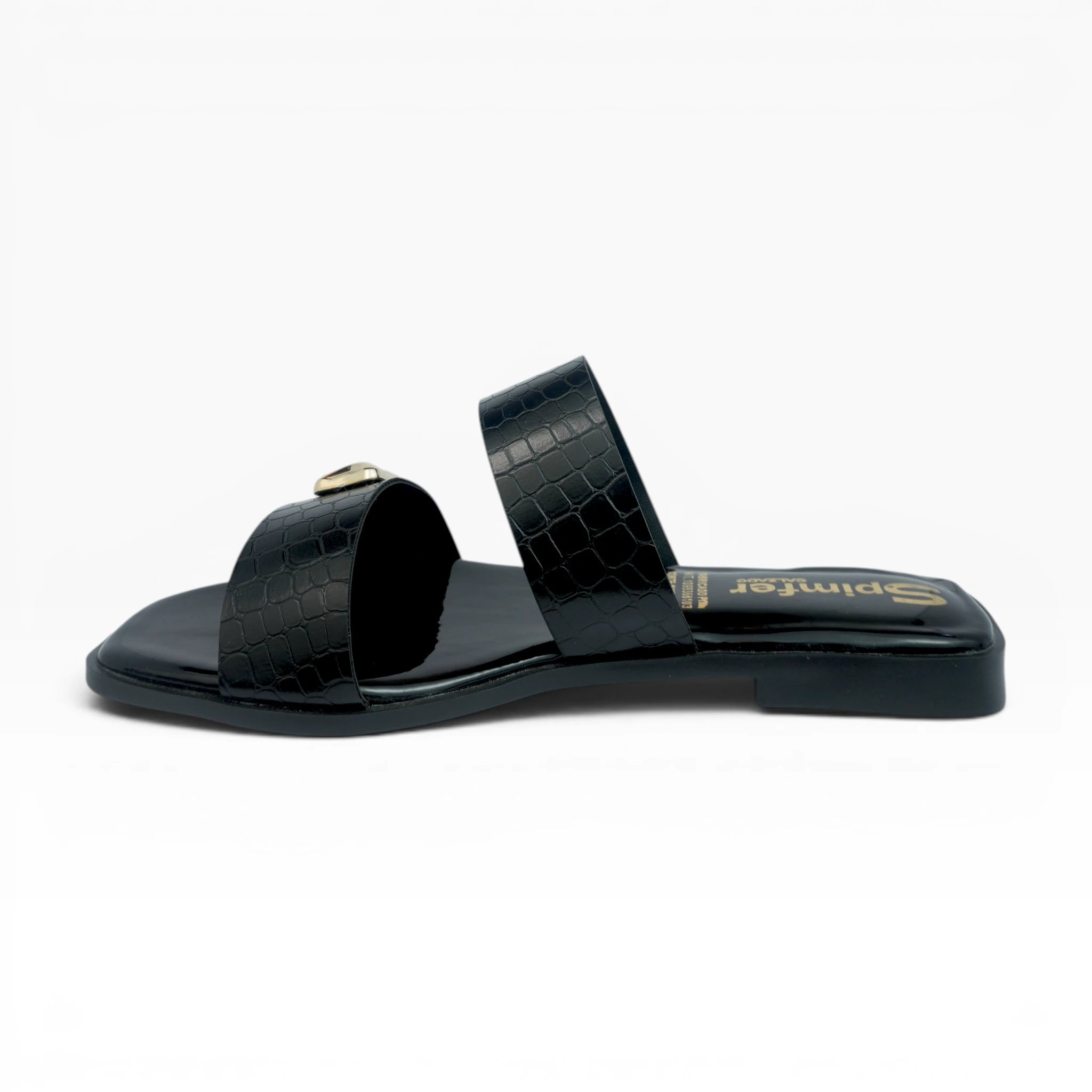 Sandalias Planas Negras con Dos Correas y Herrajes Spimfer