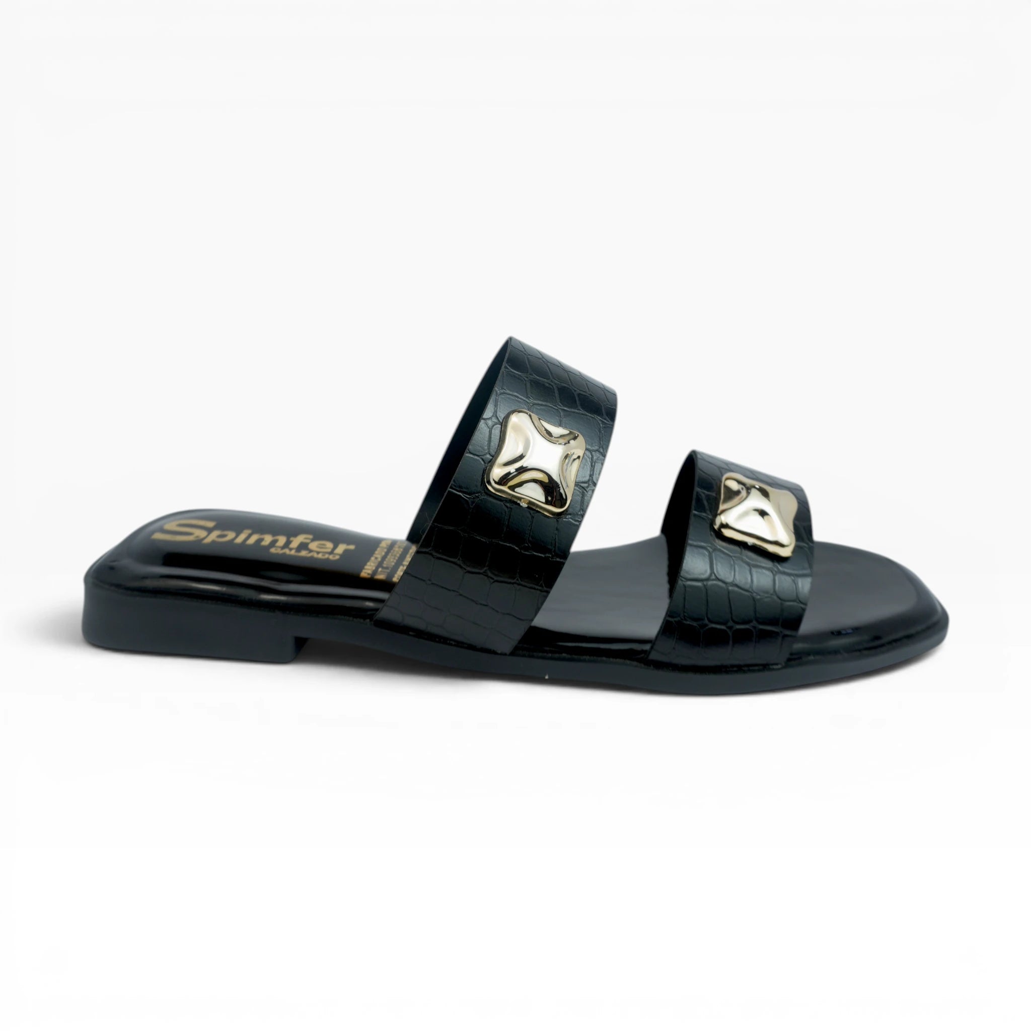 Sandalias Planas Negras con Dos Correas y Herrajes Spimfer