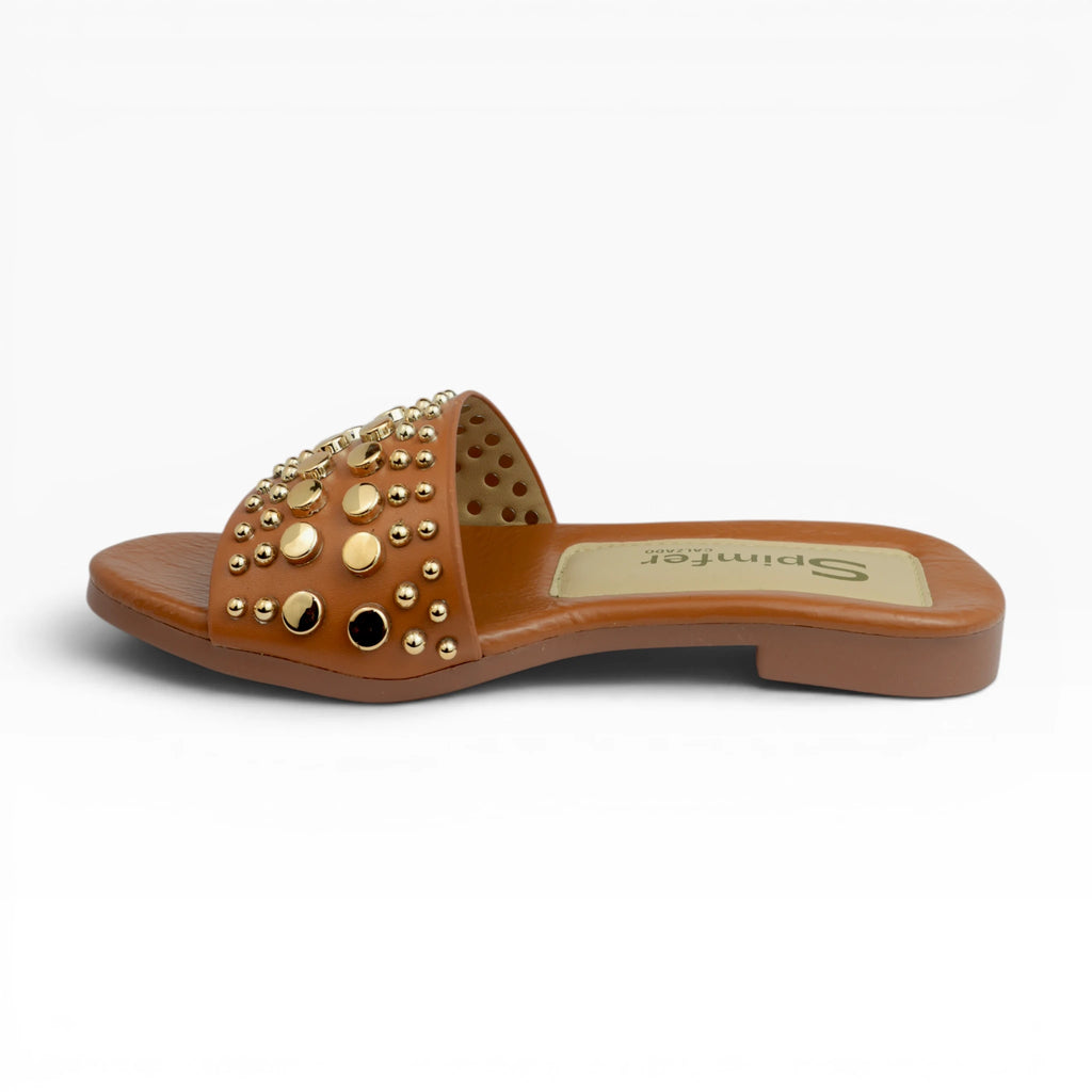 Sandalias Planas Spimfer para Mujer Diseño Urbano con Taches Doradas