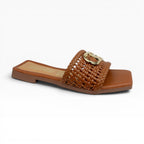 Sandalias Planas para Mujer Spimfer Color Miel Trenzado con Hebilla Dorada