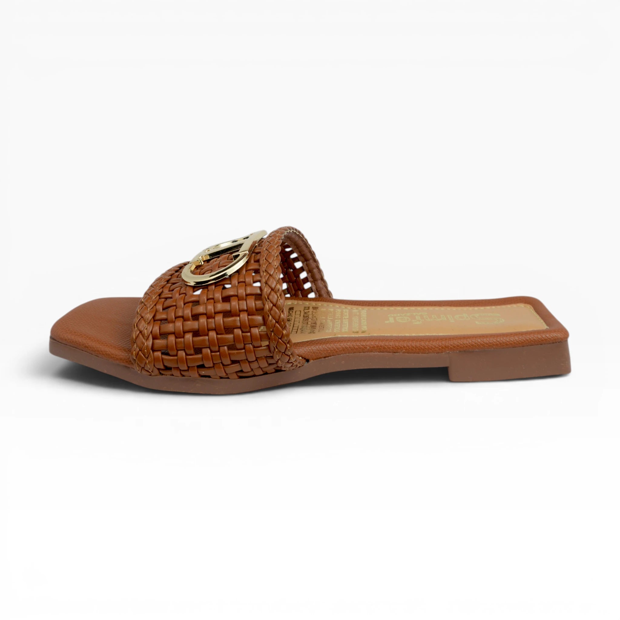 Sandalias Planas para Mujer Spimfer Color Miel Trenzado con Hebilla Dorada