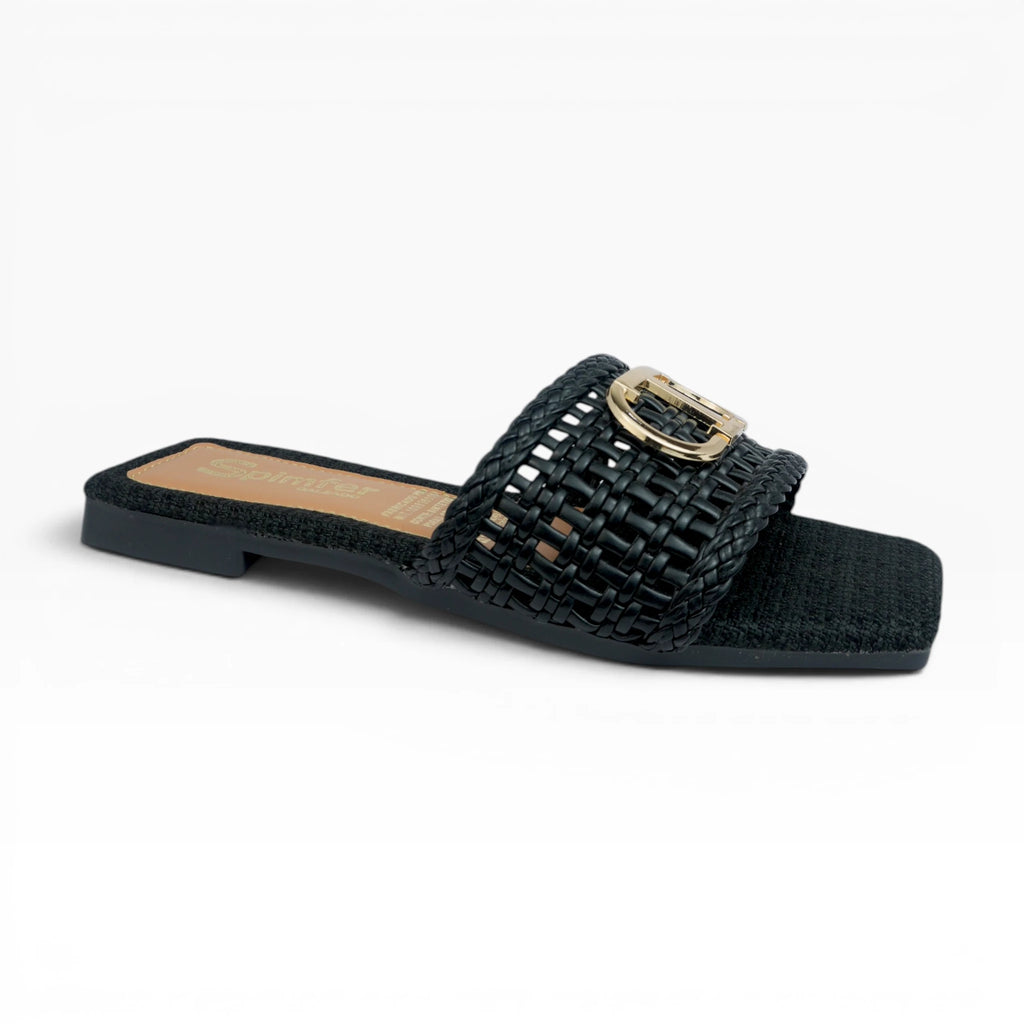 Sandalias Planas para Mujer Color Negro Trenzado con Hebilla Dorada