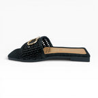 Sandalias Planas para Mujer Color Negro Trenzado con Hebilla Dorada