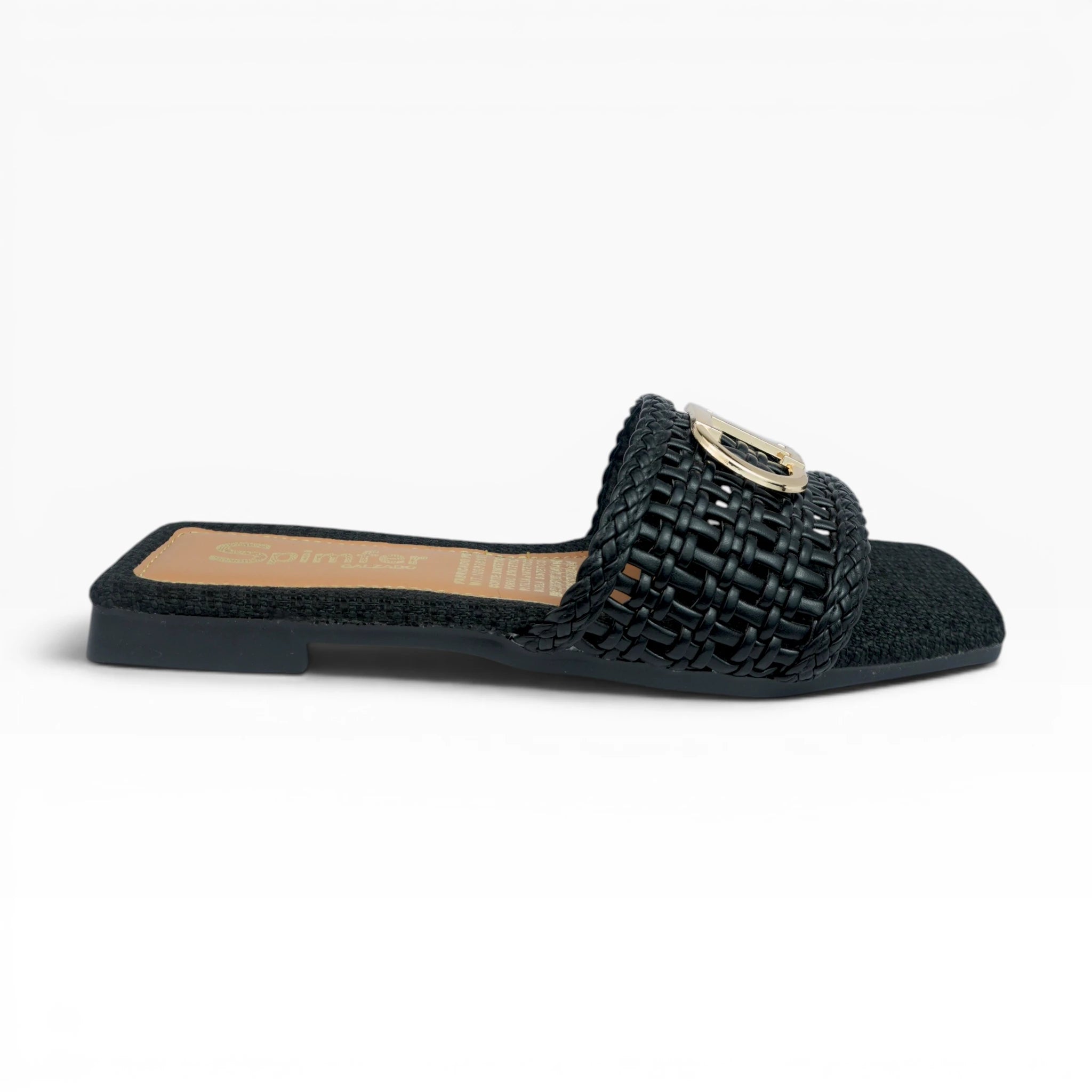 Sandalias Planas para Mujer Color Negro Trenzado con Hebilla Dorada