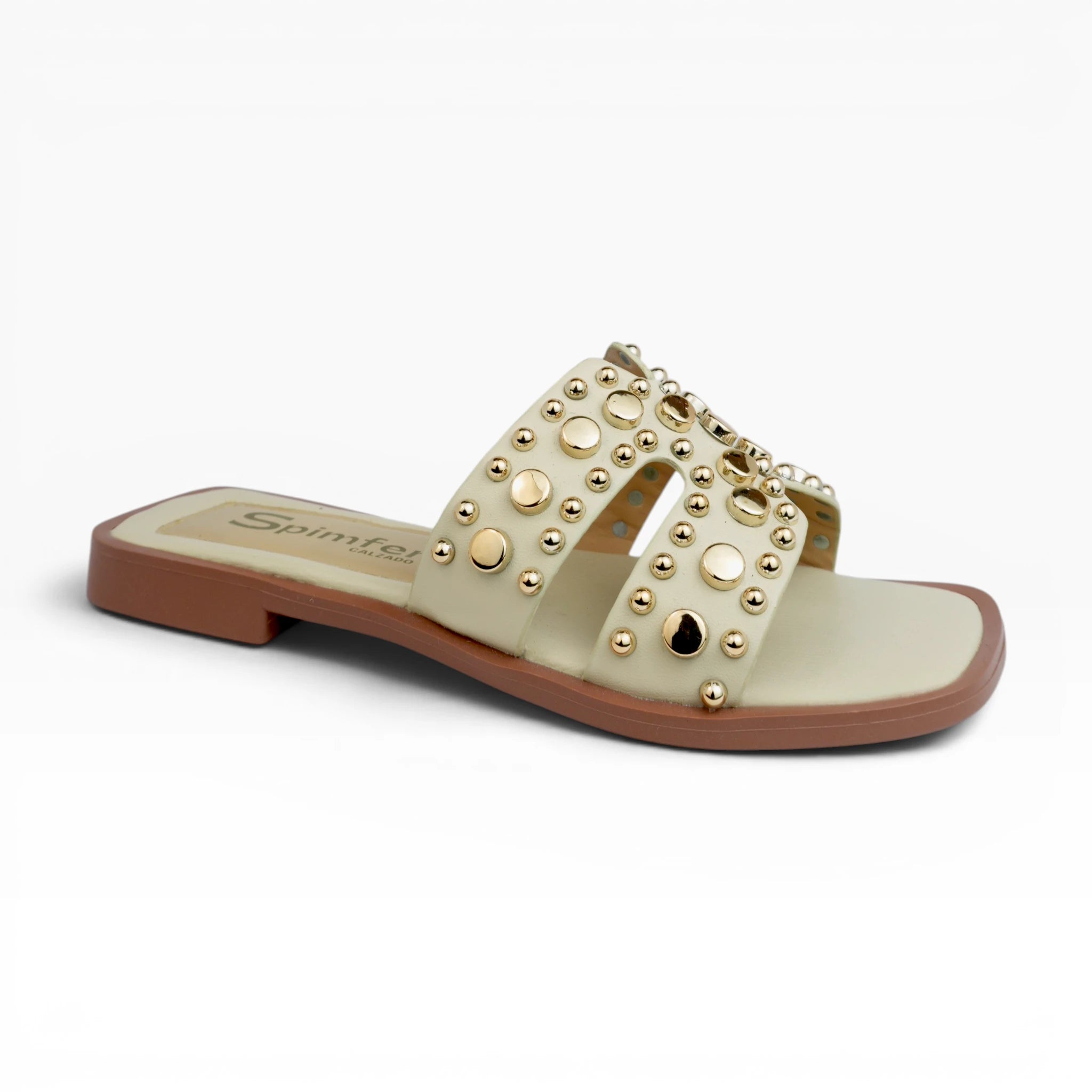 Sandalias Planas Spimfer para Mujer Doble Tira con Tachas Doradas