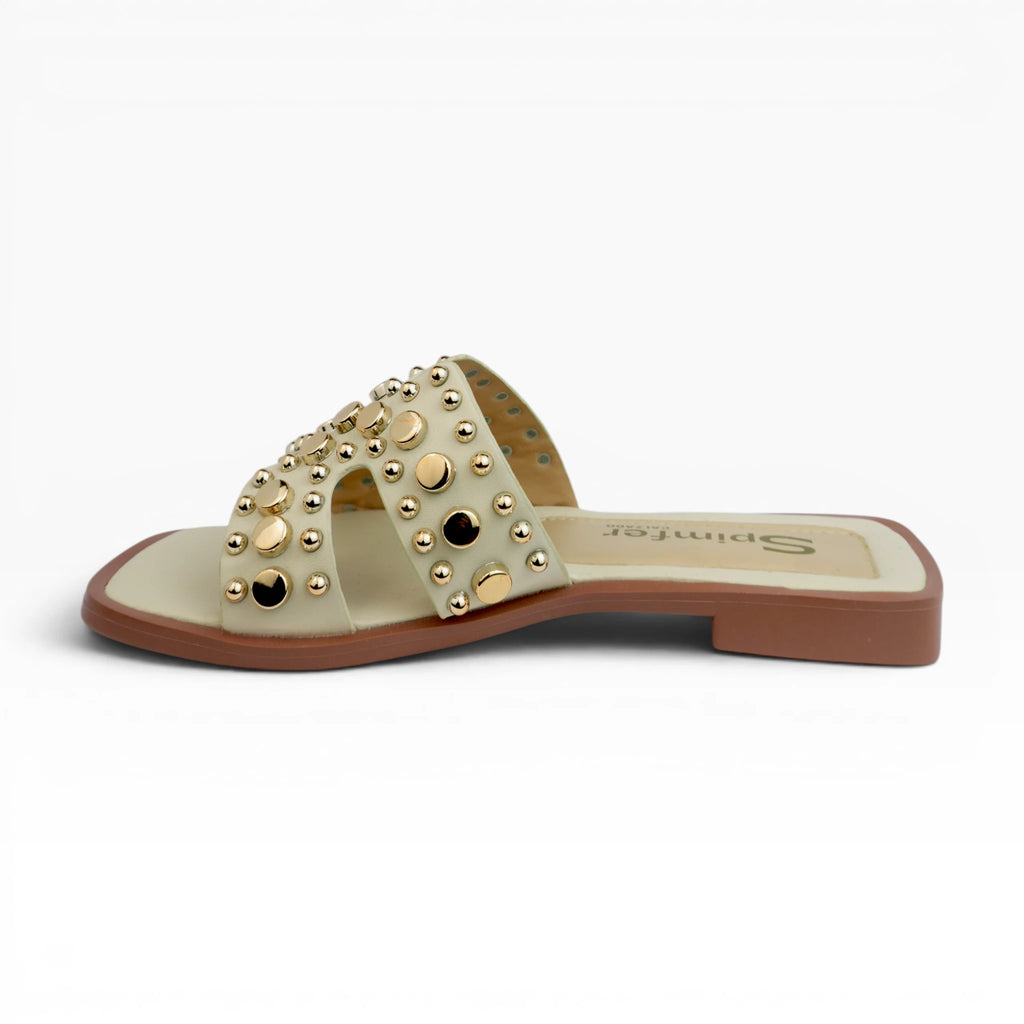 Sandalias Planas Spimfer para Mujer Doble Tira con Tachas Doradas
