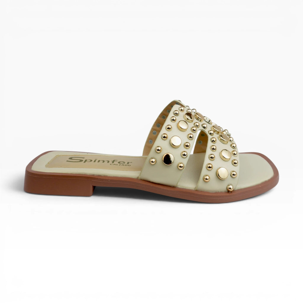 Sandalias Planas Spimfer para Mujer Doble Tira con Tachas Doradas