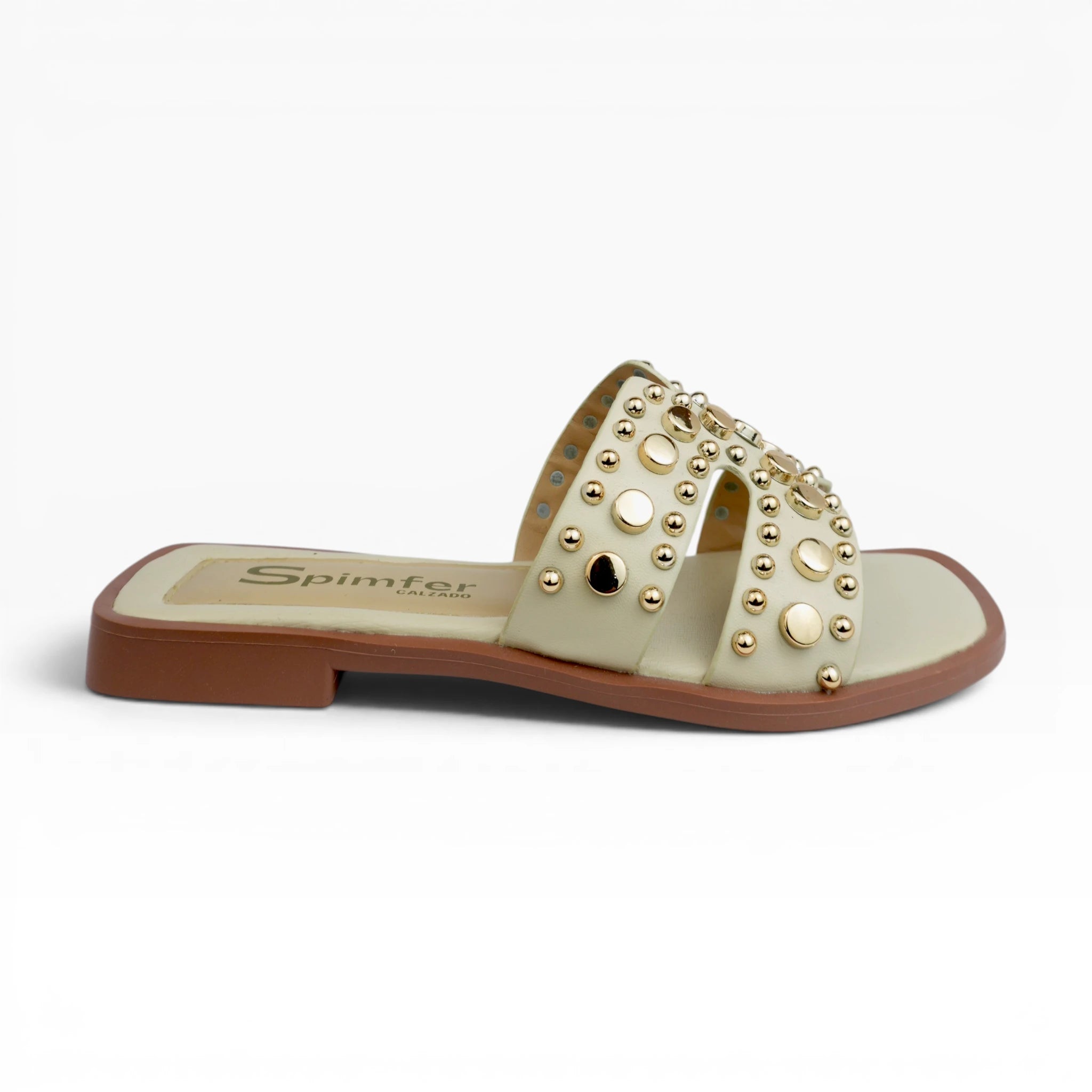 Sandalias Planas Spimfer para Mujer Doble Tira con Tachas Doradas