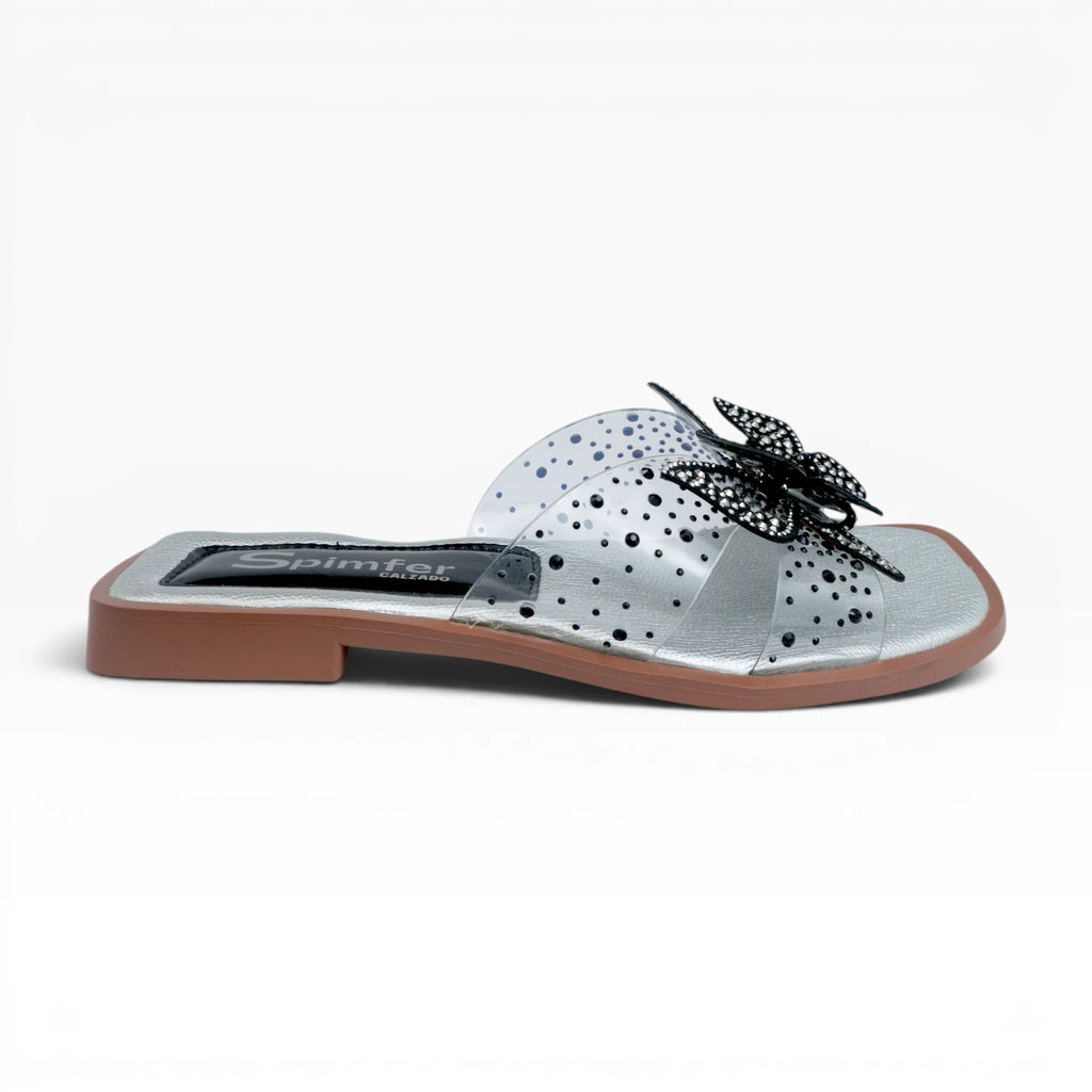 Sandalias Planas Color Plata con Correa Transparente y Mariposa Spimfer