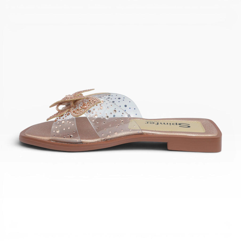 Sandalias Planas Oro Rosa con Correa Transparente y Mariposa Spimfer