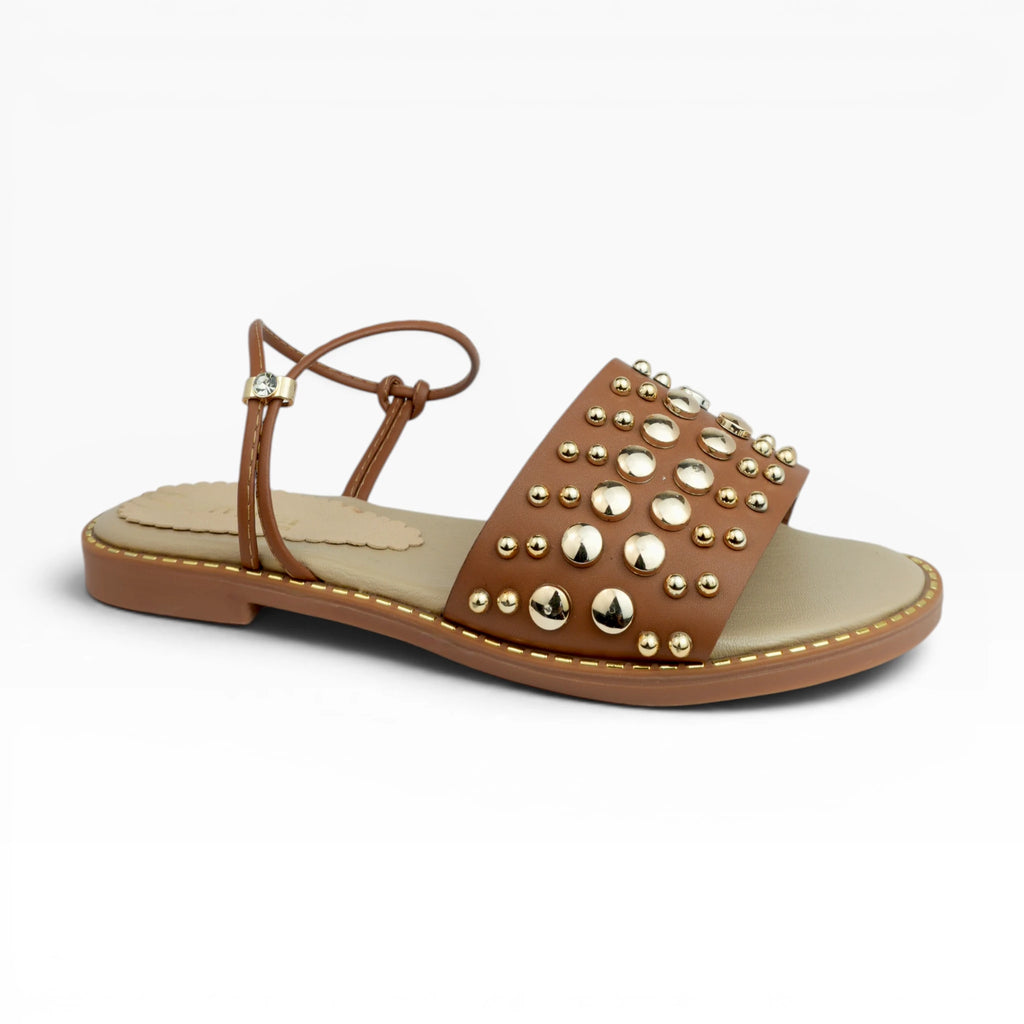 Sandalias Planas Spimfer para Mujer Color Miel – Correa al Tobillo