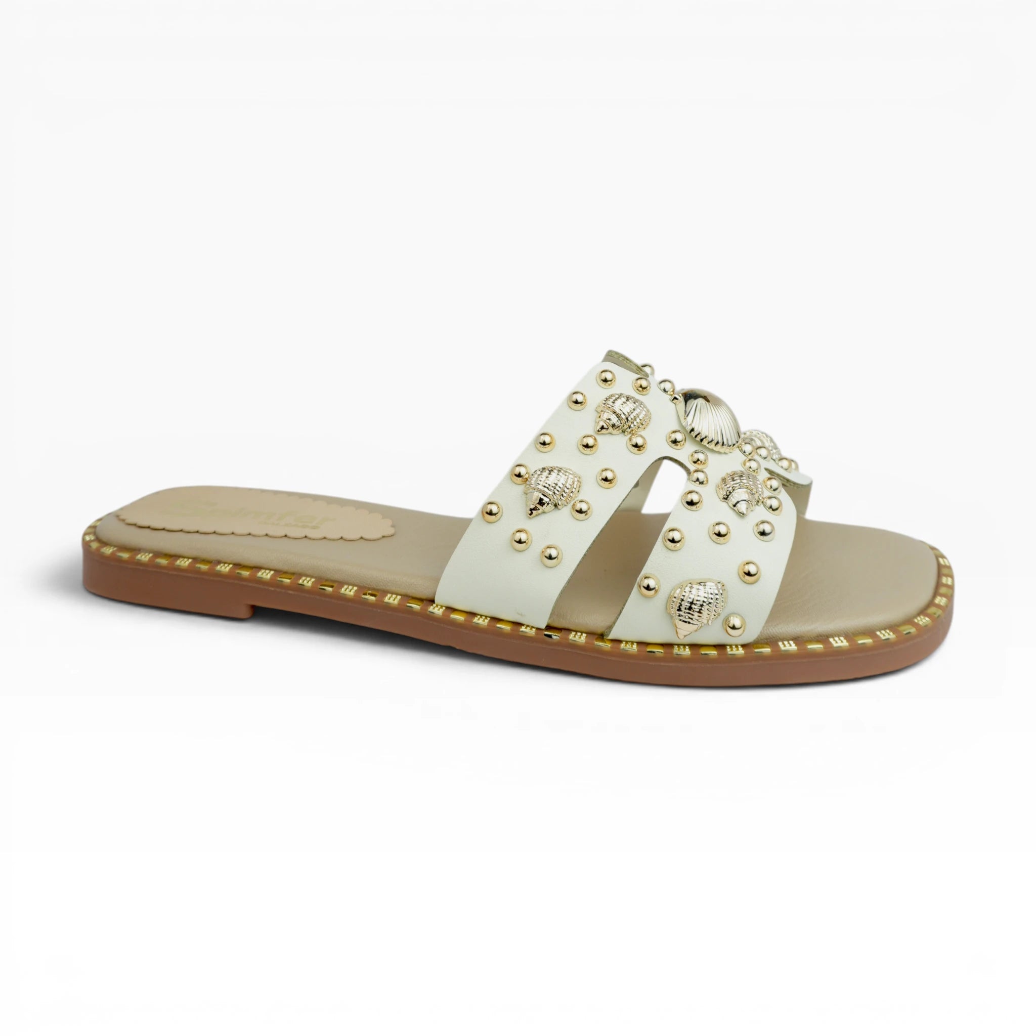 Sandalias Planas Spimfer para Mujer con Detalles Dorados y Conchas