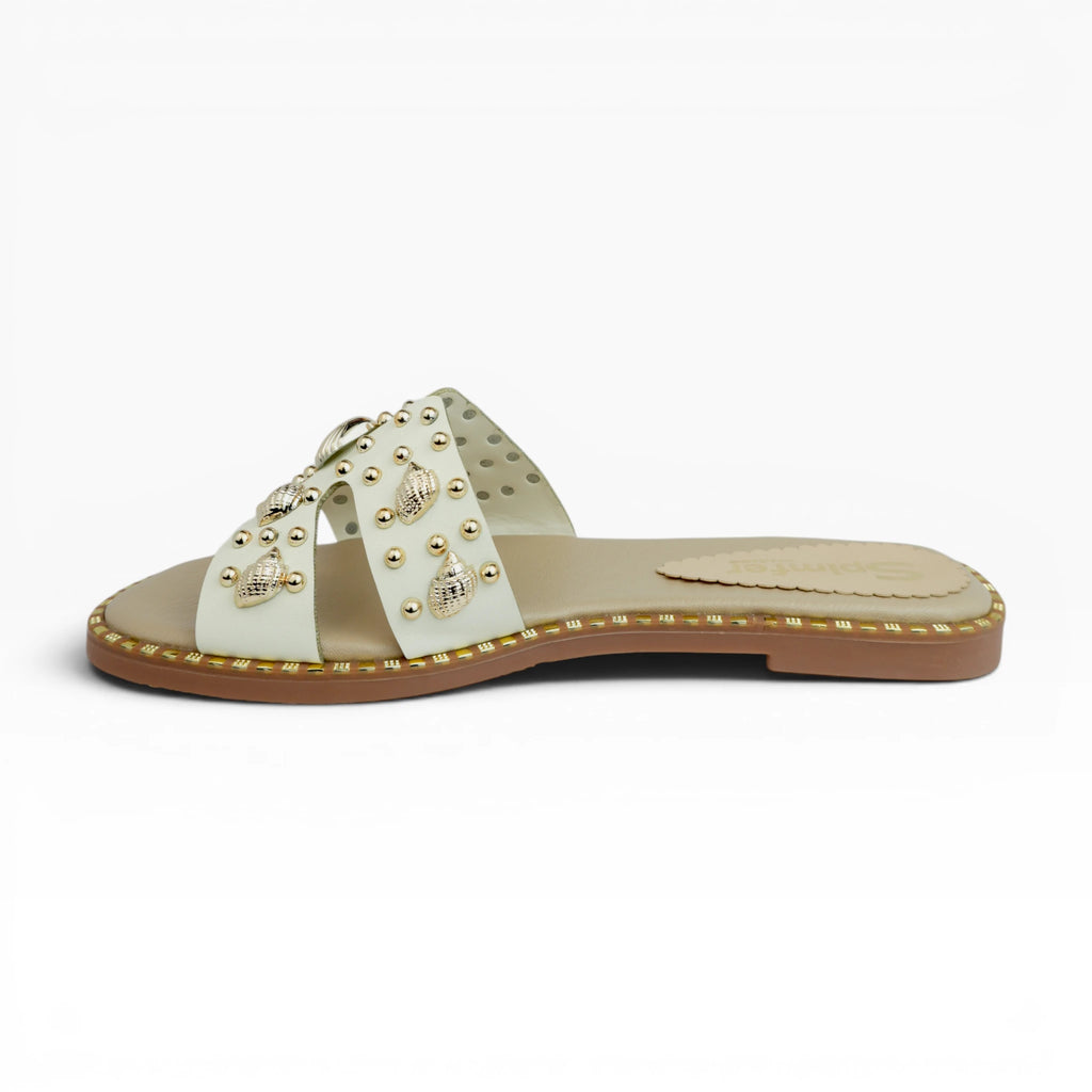 Sandalias Planas Spimfer para Mujer con Detalles Dorados y Conchas