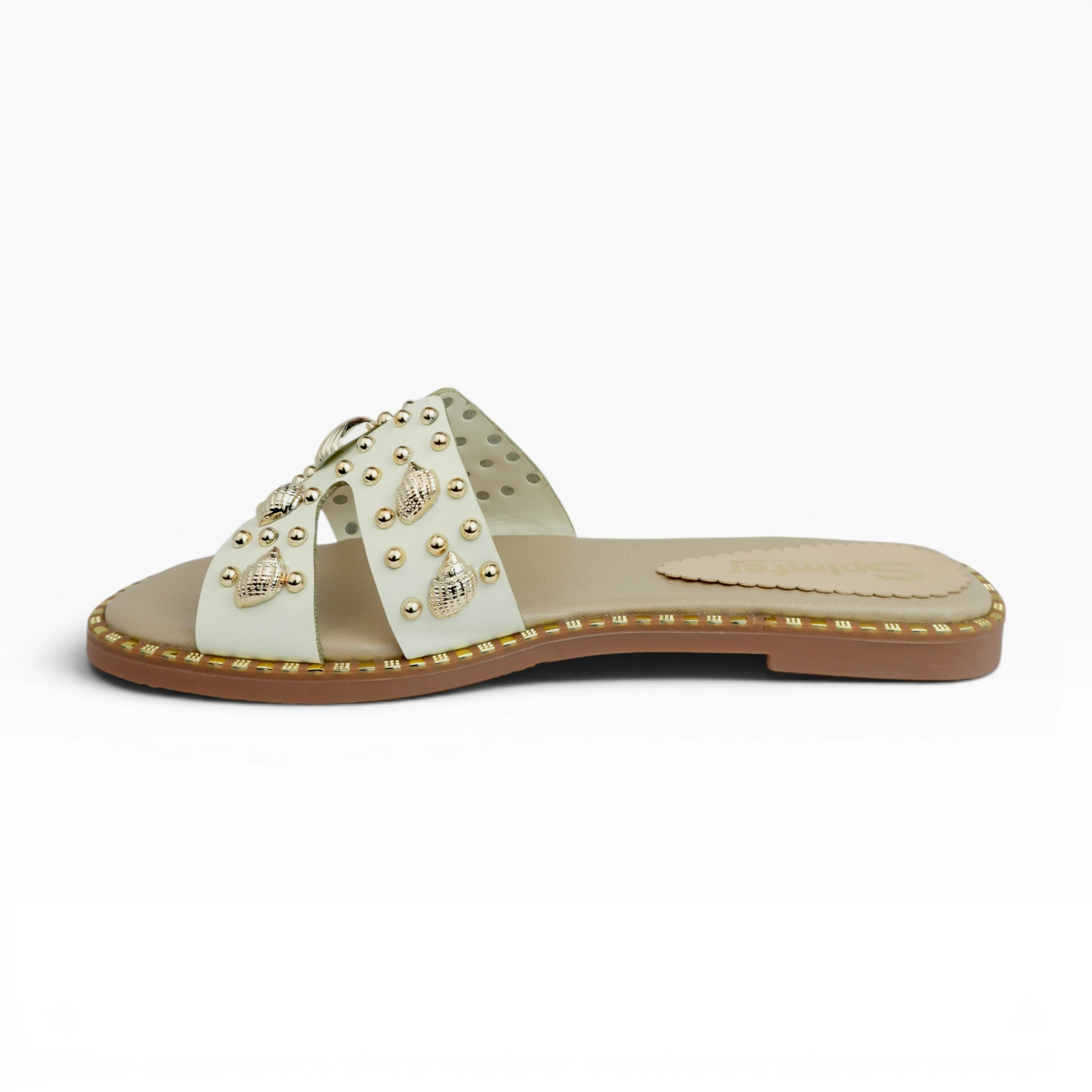 Sandalias Planas Spimfer para Mujer con Detalles Dorados y Conchas