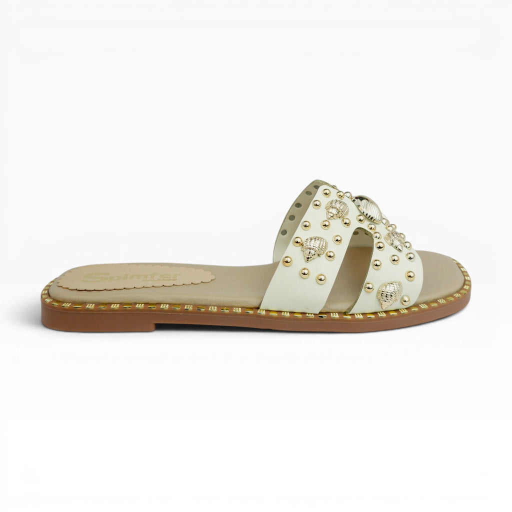 Sandalias Planas Spimfer para Mujer con Detalles Dorados y Conchas