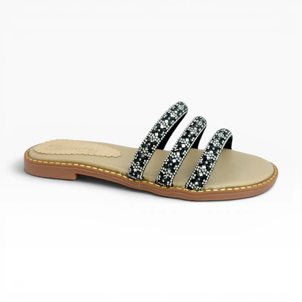 Sandalias Planas para Mujer Spimfer Color Negro con Tiras Brillantes