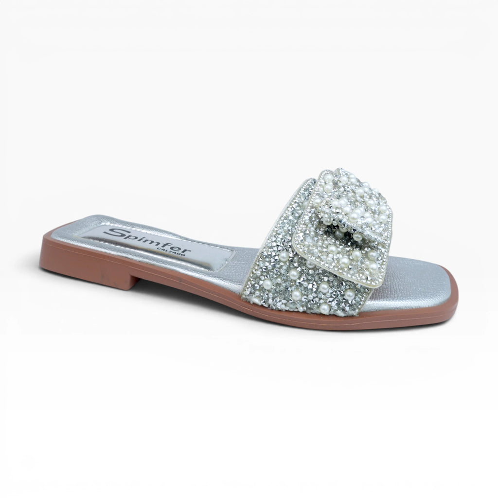 Sandalias Planas Color Plata con Moño de Perlas Spimfer