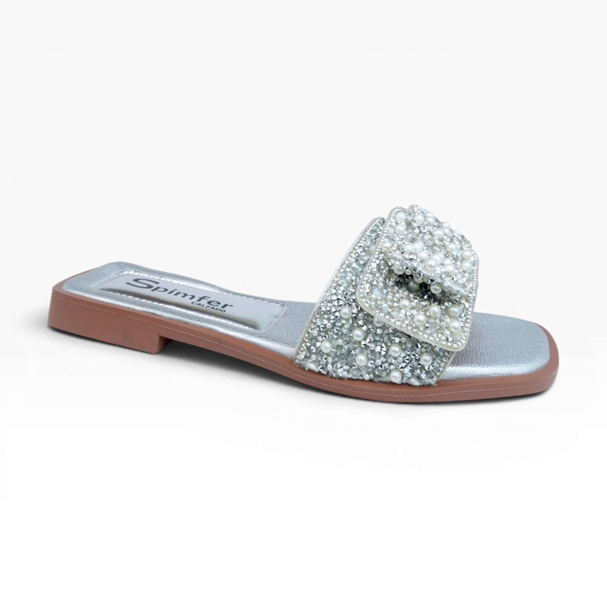 Sandalias Planas Color Plata con Moño de Perlas Spimfer