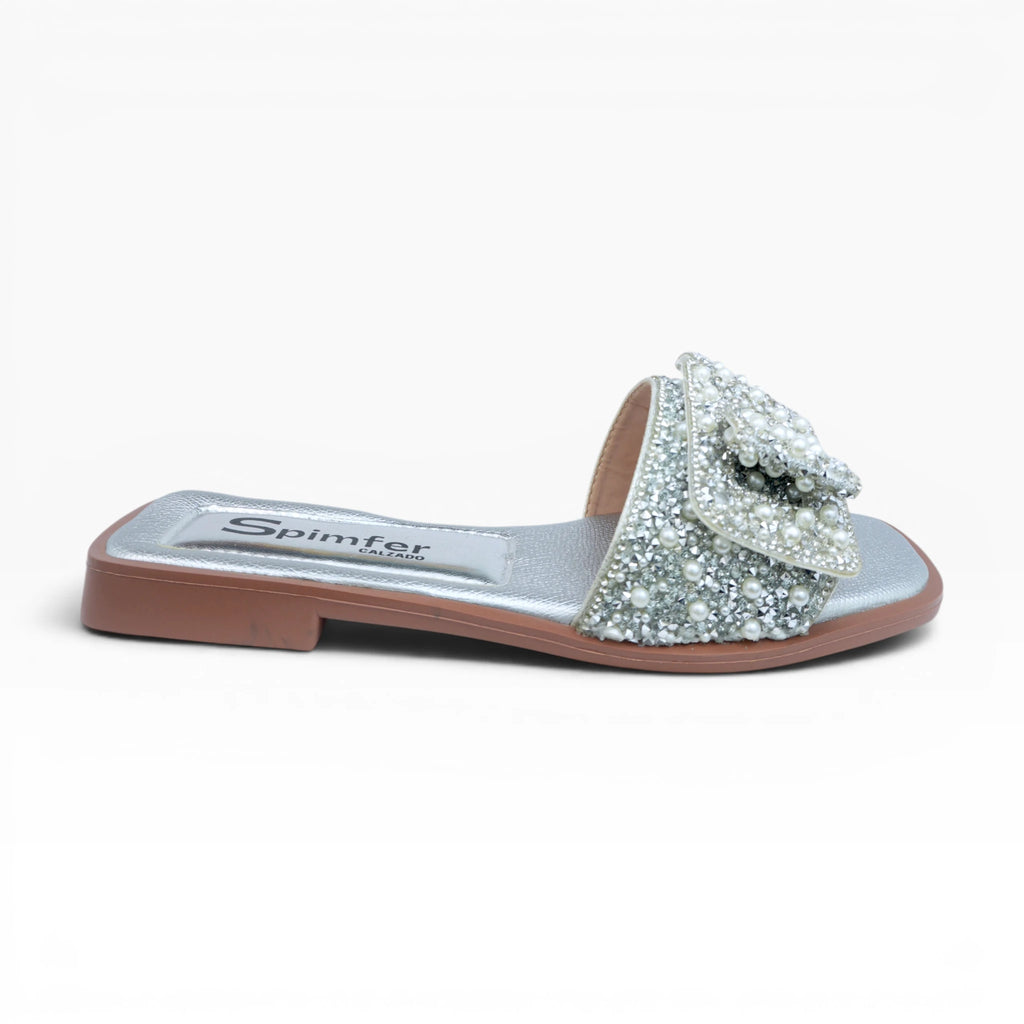 Sandalias Planas Color Plata con Moño de Perlas Spimfer