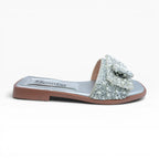 Sandalias Planas Color Plata con Moño de Perlas Spimfer