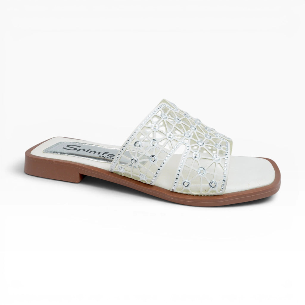 Sandalias Planas para Mujer Color Blanco Plata Calado con Brillos