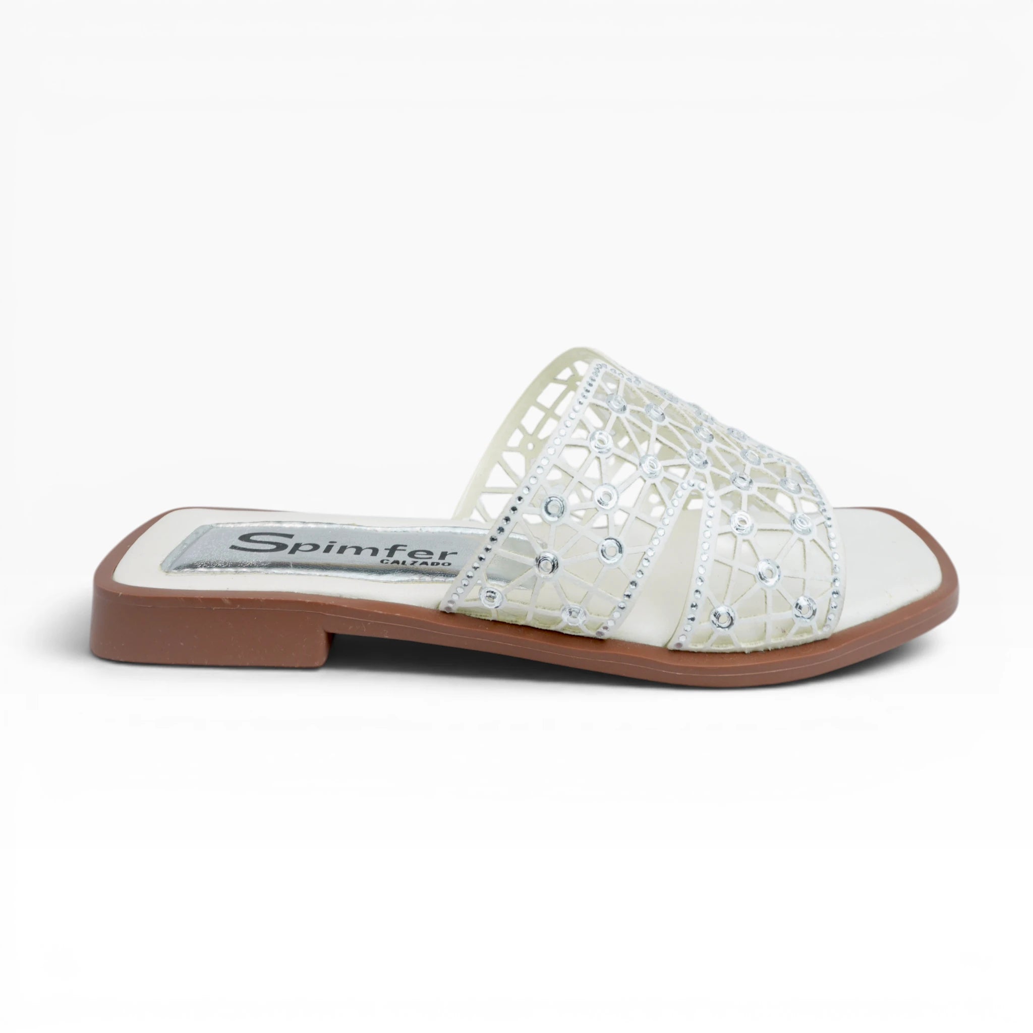 Sandalias Planas para Mujer Color Blanco Plata Calado con Brillos