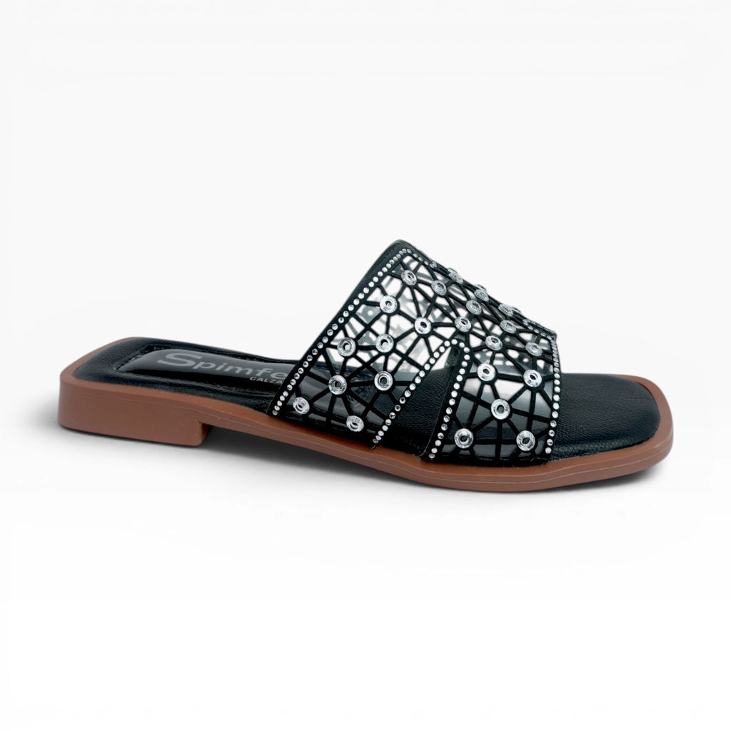 Sandalias Planas para Mujer Color Negro Calado con Brillos y Pedrería
