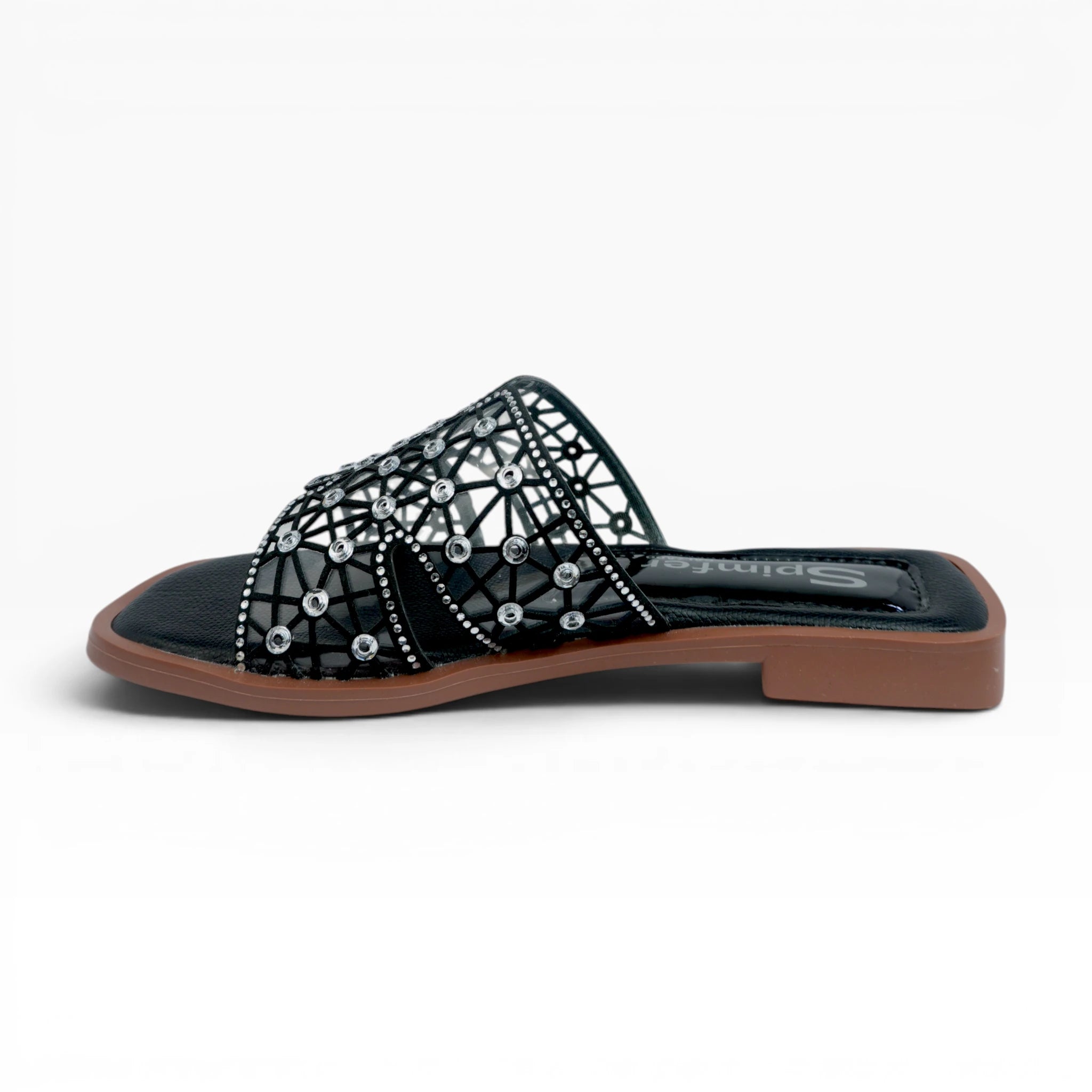 Sandalias Planas para Mujer Color Negro Calado con Brillos y Pedrería