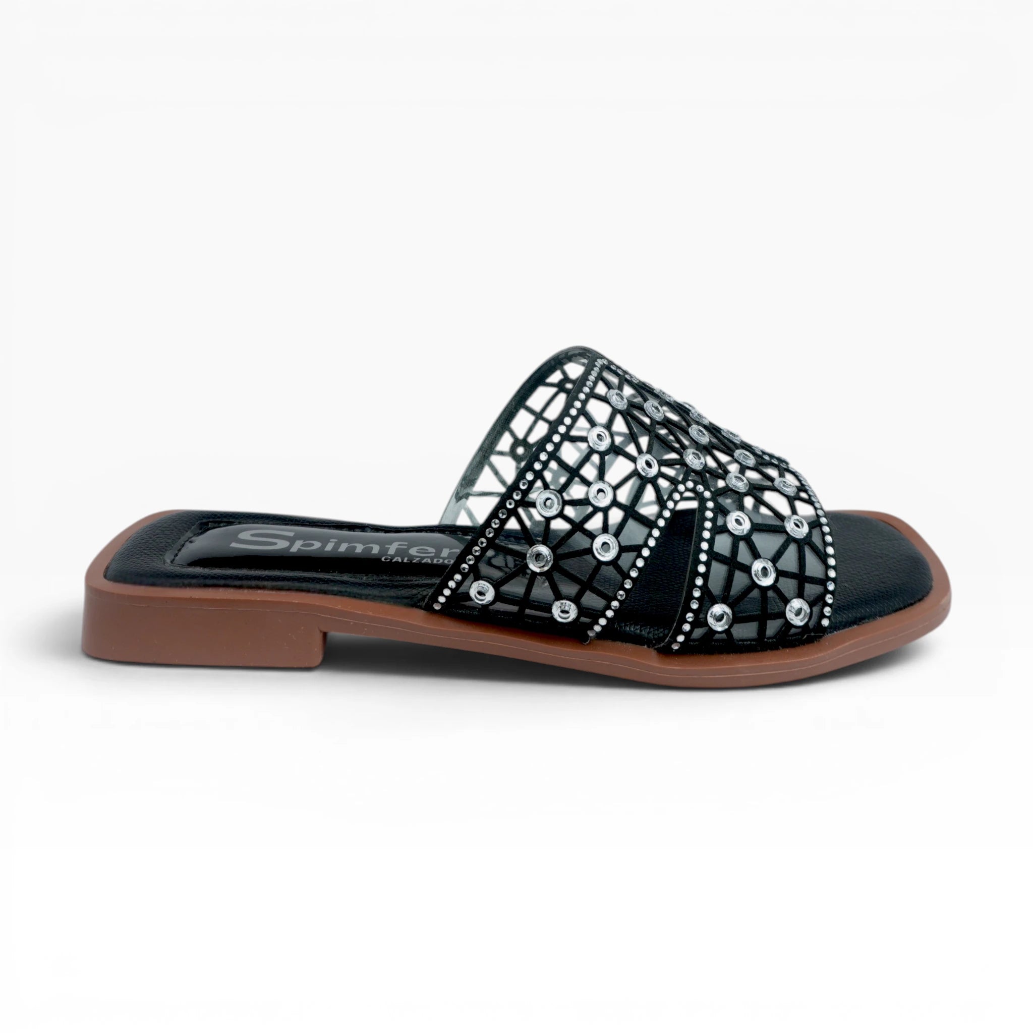 Sandalias Planas para Mujer Color Negro Calado con Brillos y Pedrería