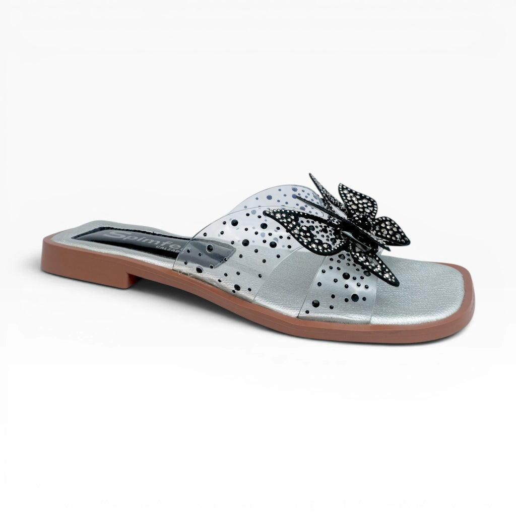 Sandalias Planas Color Plata con Correa Transparente y Mariposa Spimfer