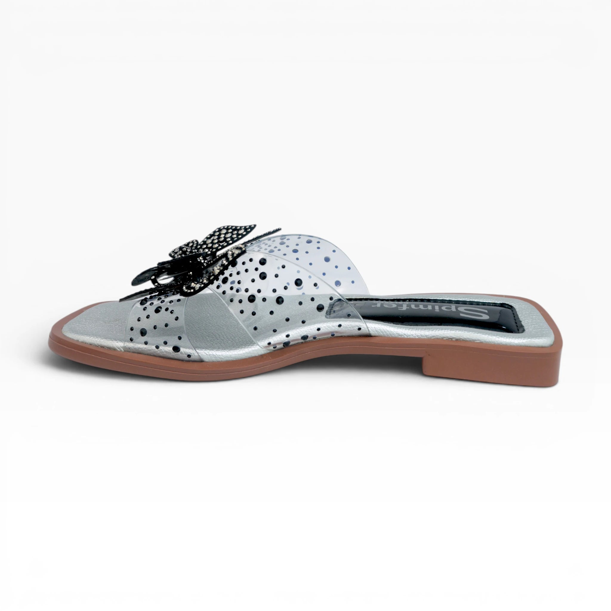 Sandalias Planas Color Plata con Correa Transparente y Mariposa Spimfer
