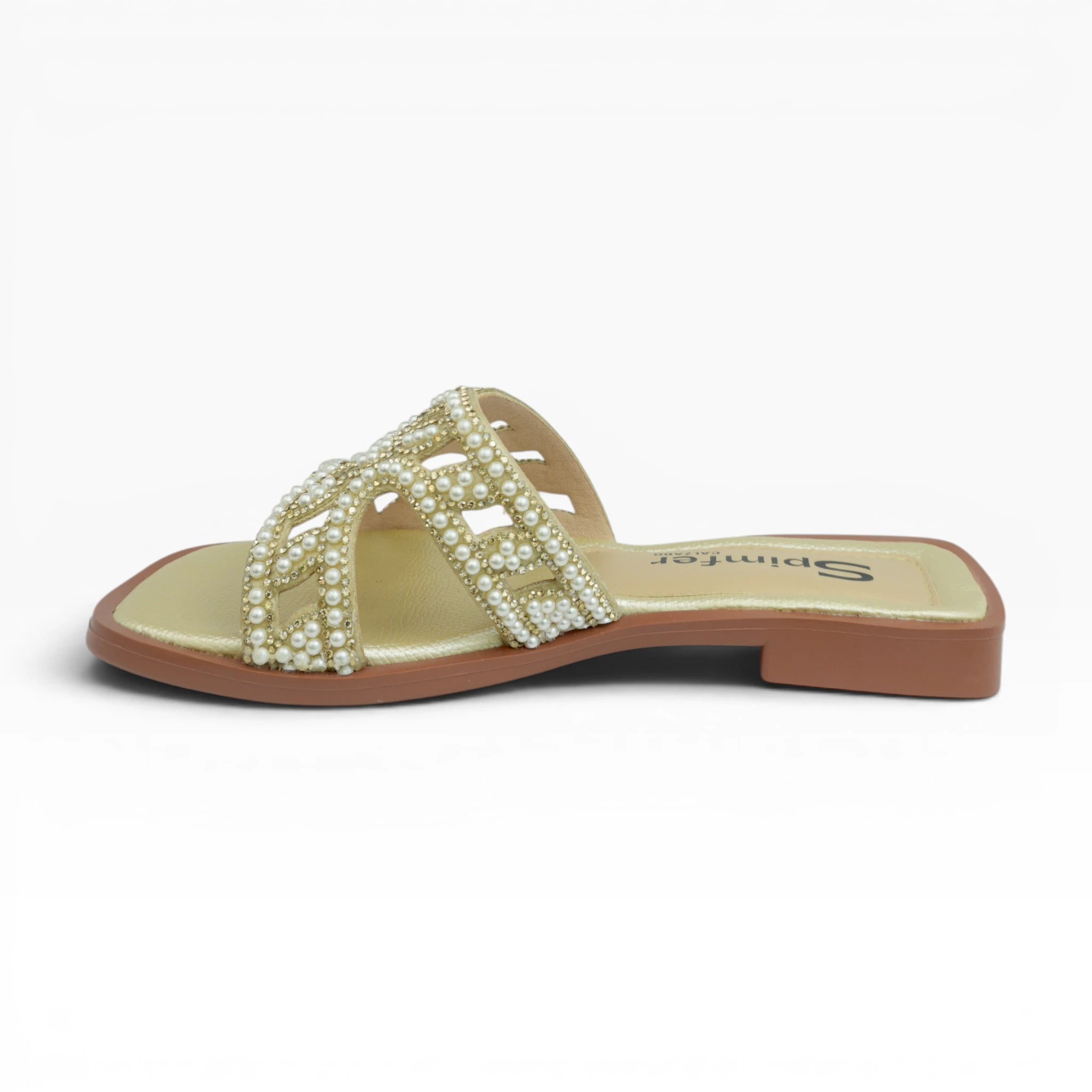 Sandalias Planas Color Champaña con Perlas Spimfer