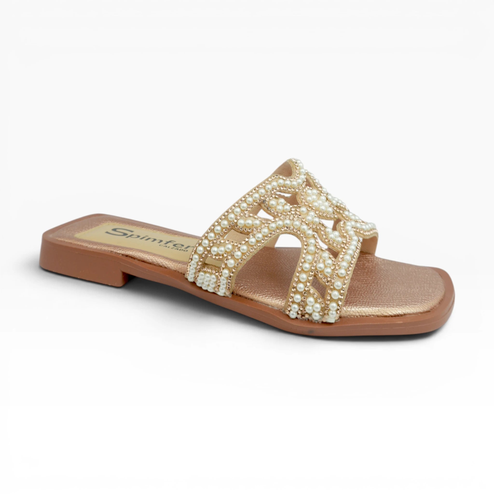 Sandalias Planas Oro Rosa con Perlas Spimfer