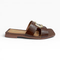 Sandalias Planas para Mujer  Color Café Grabado Croco con Hebilla Dorada