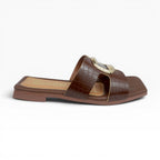 Sandalias Planas para Mujer  Color Café Grabado Croco con Hebilla Dorada