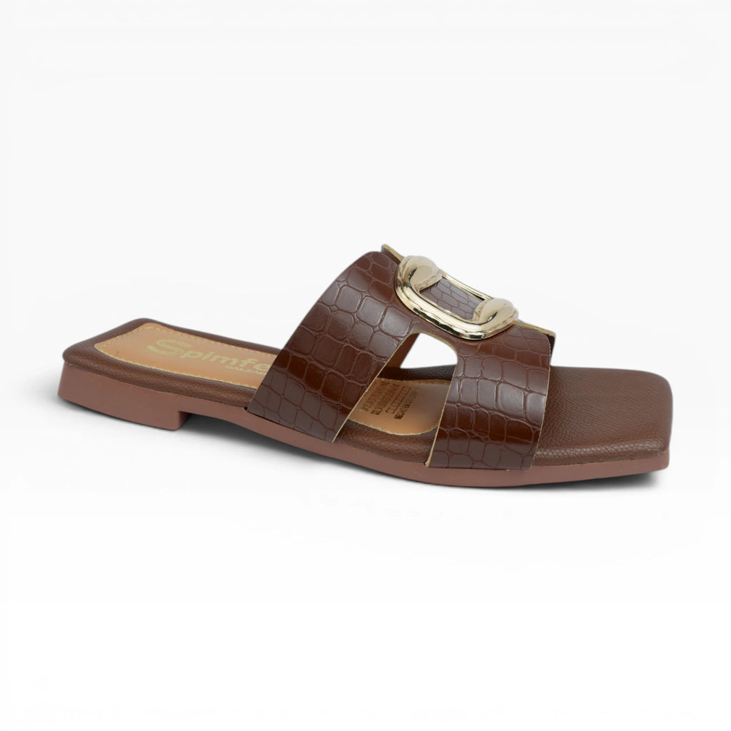 Sandalias Planas para Mujer  Color Café Grabado Croco con Hebilla Dorada