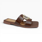 Sandalias Planas para Mujer  Color Café Grabado Croco con Hebilla Dorada
