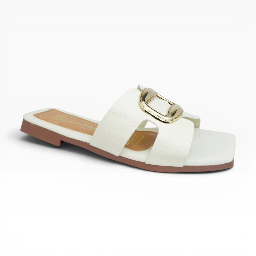 Sandalias Planas para Mujer  Color Talco Grabado Croco con Hebilla Dorada