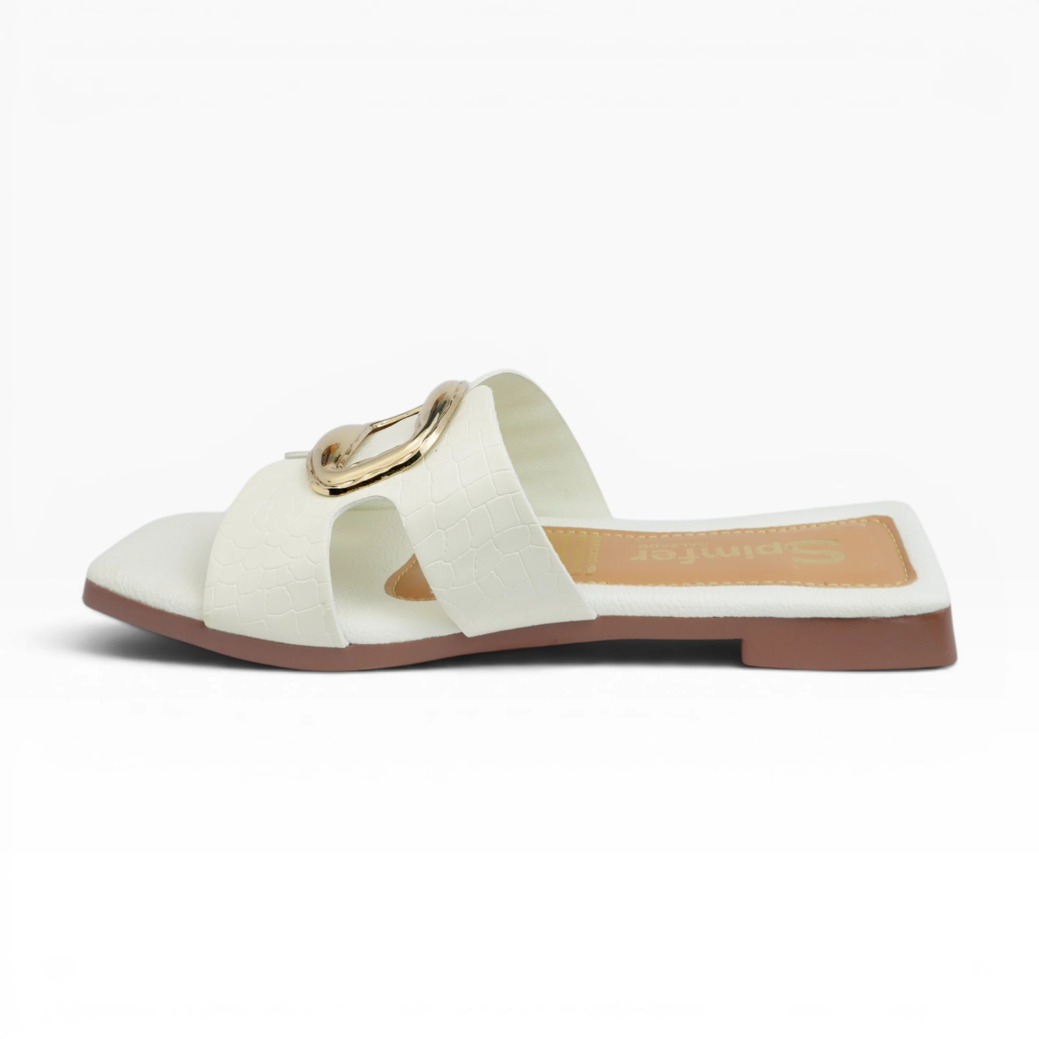 Sandalias Planas para Mujer  Color Talco Grabado Croco con Hebilla Dorada