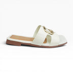 Sandalias Planas para Mujer  Color Talco Grabado Croco con Hebilla Dorada