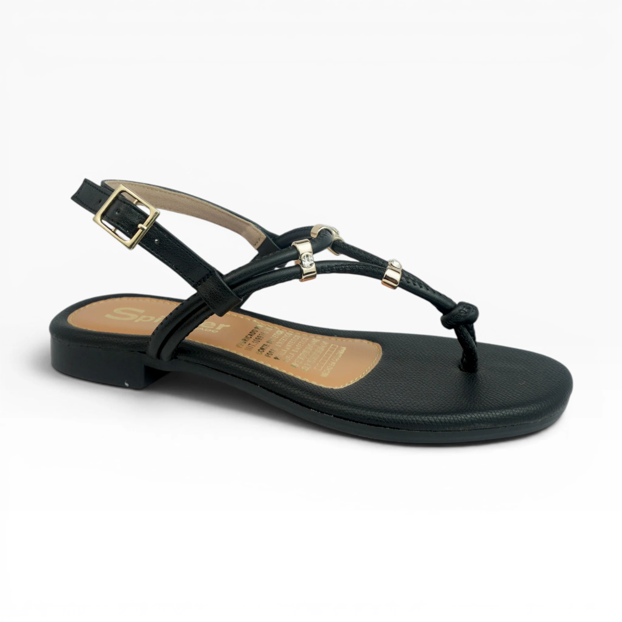 Sandalias Tres Puntadas Negras con Detalles Dorados Spimfer