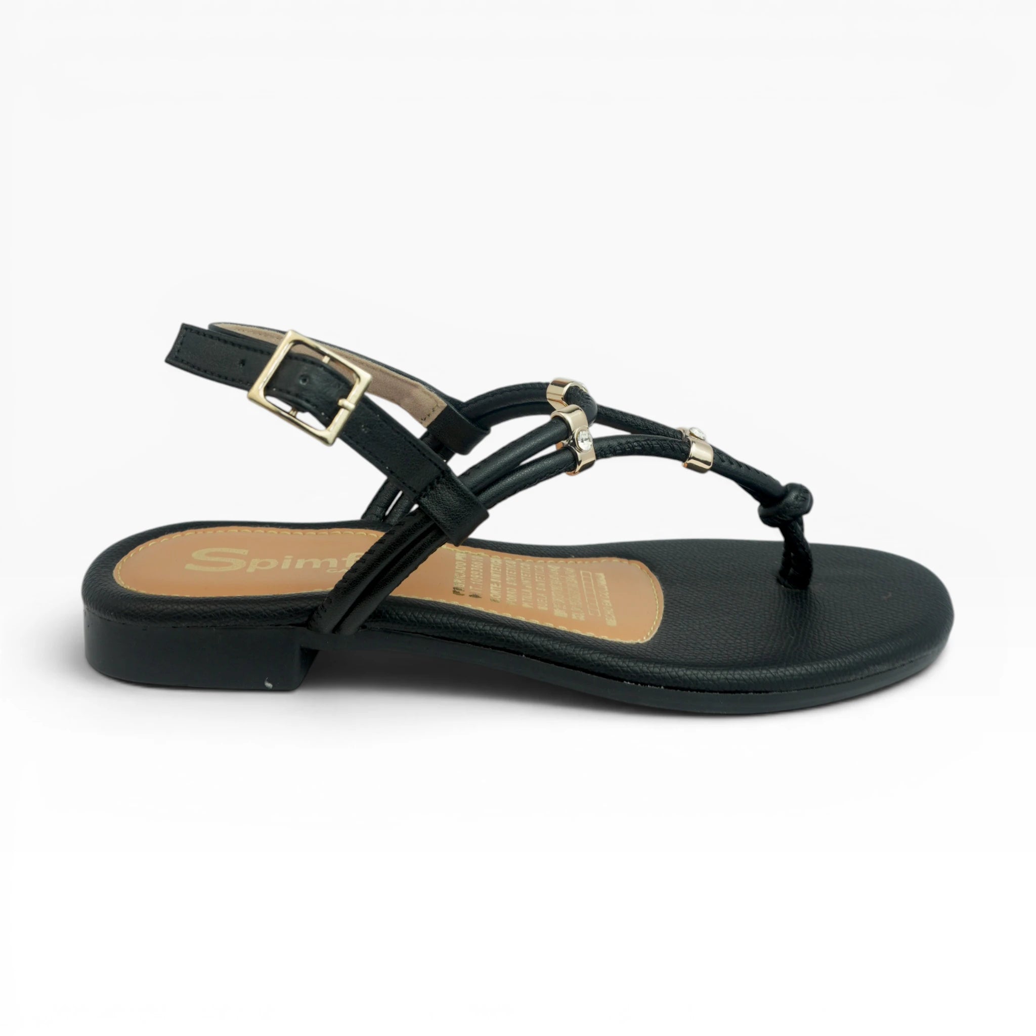 Sandalias Tres Puntadas Negras con Detalles Dorados Spimfer
