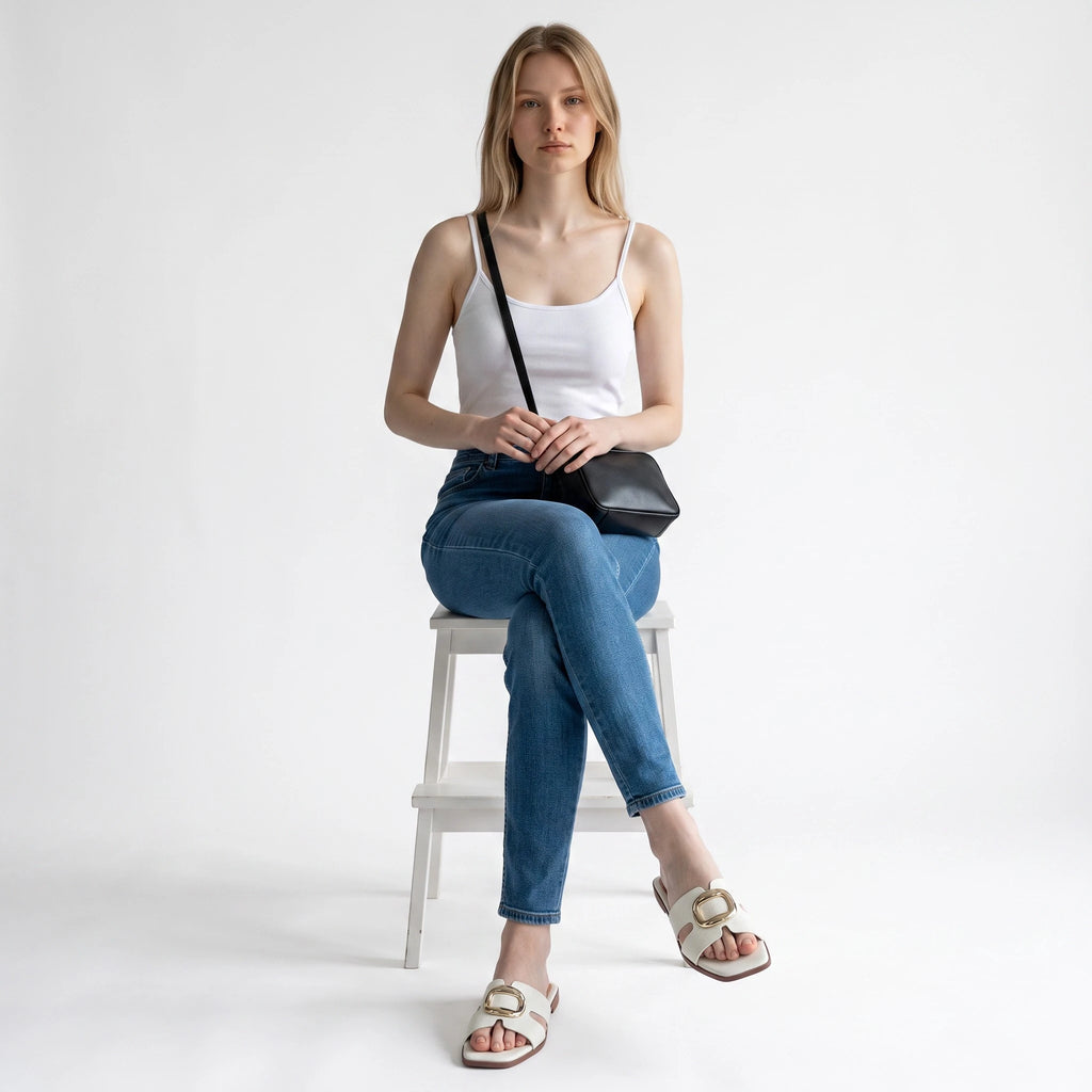 Sandalias Planas para Mujer  Color Talco Grabado Croco con Hebilla Dorada