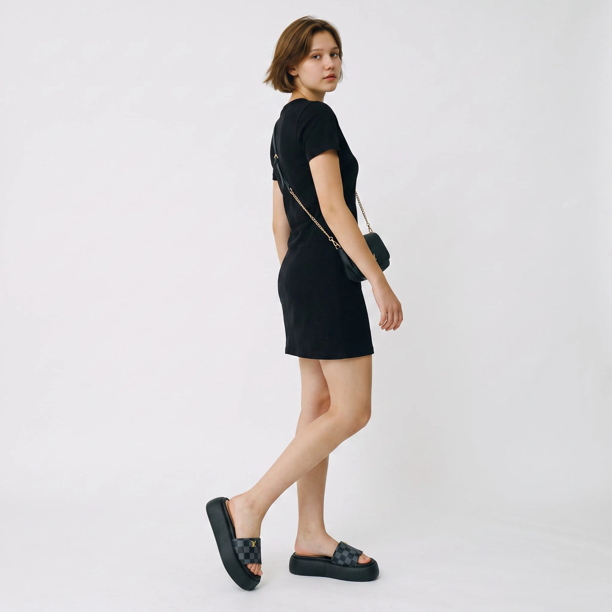 Sandalias de Plataforma para Mujer Negras con Estampado de Cuadros
