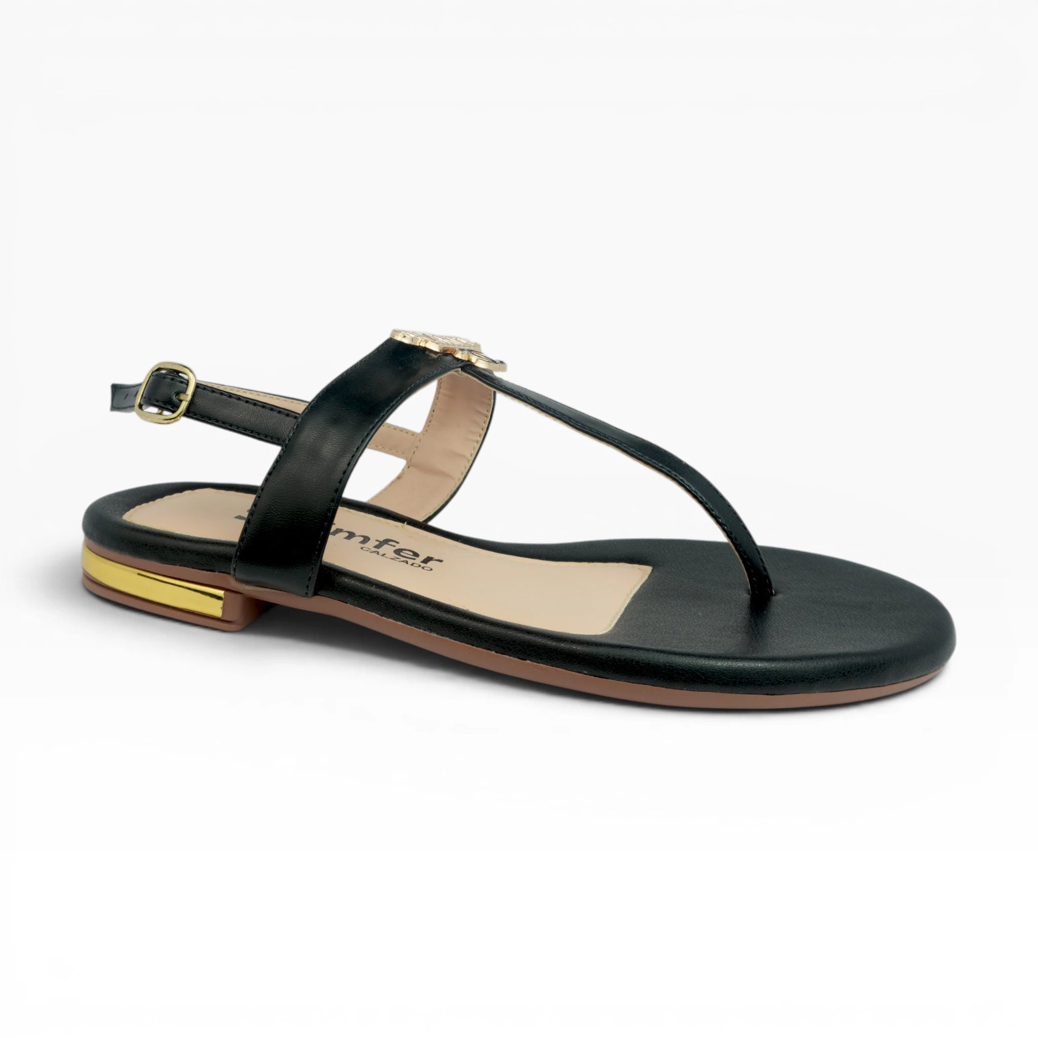 Sandalias de Tres Puntadas para Mujer Spimfer Color Negro con Aplique Dorado