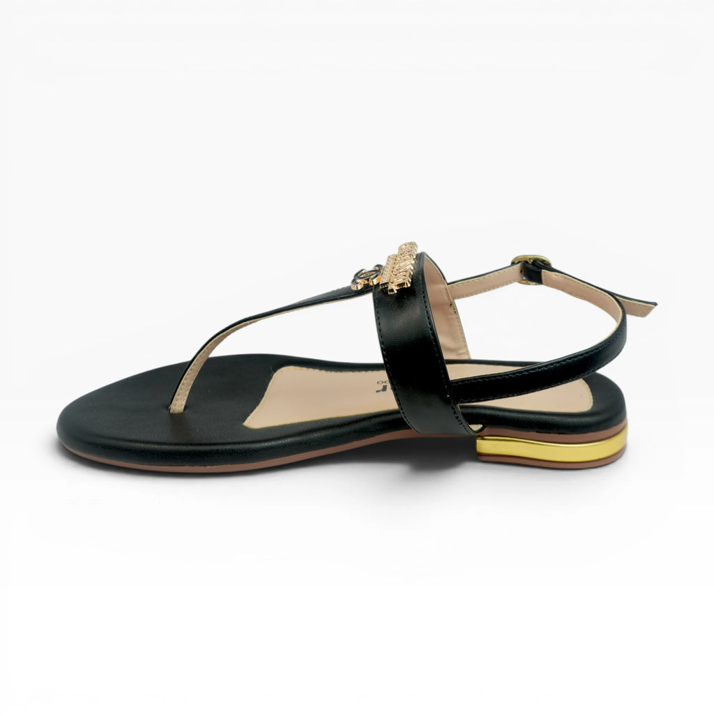 Sandalias de Tres Puntadas para Mujer Spimfer Color Negro con Aplique Dorado