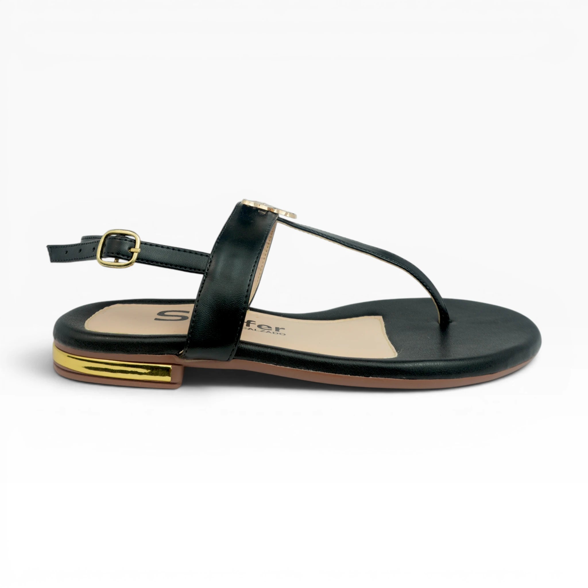 Sandalias de Tres Puntadas para Mujer Spimfer Color Negro con Aplique Dorado