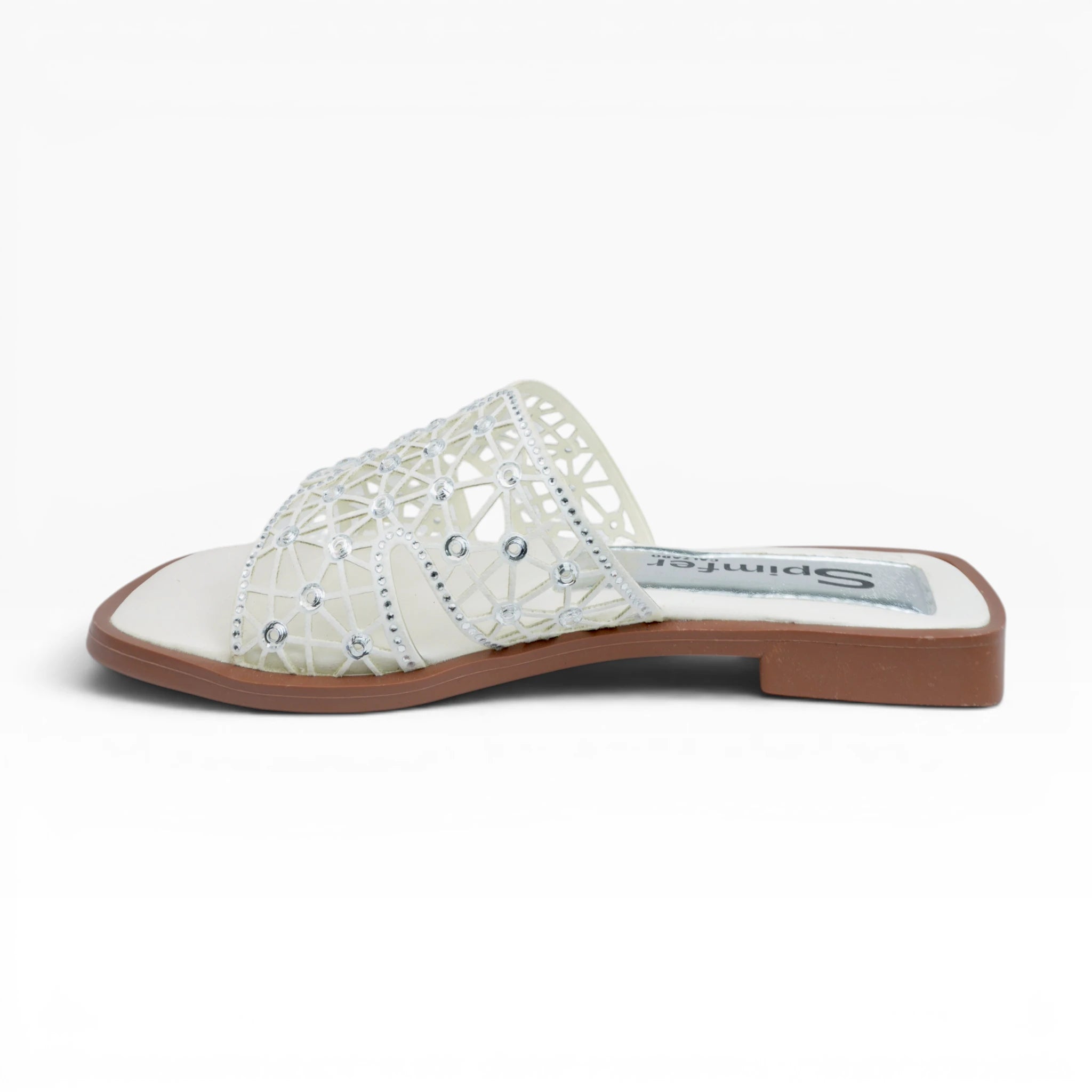 Sandalias Planas para Mujer Color Blanco Plata Calado con Brillos