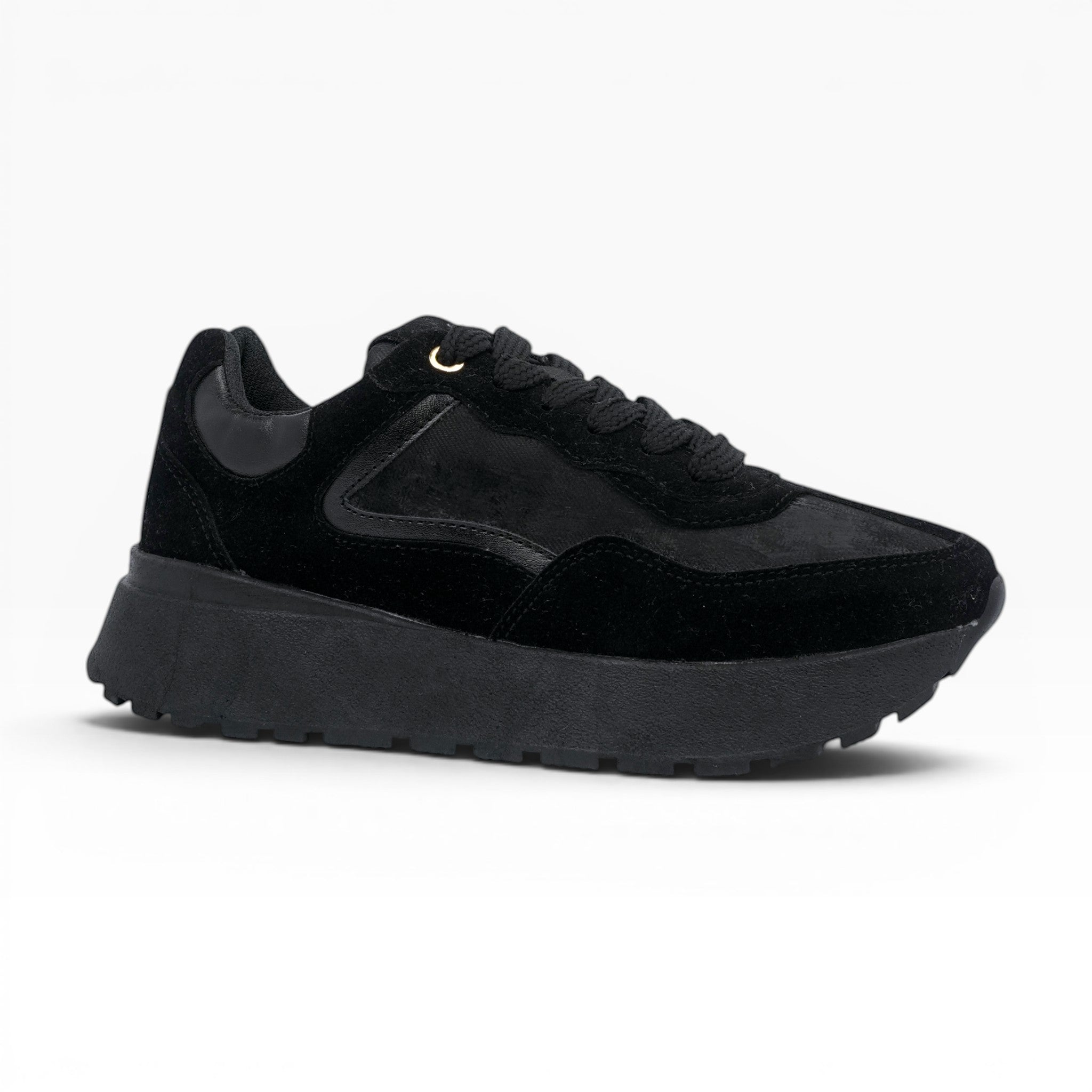 CALZADO SPIMFER Tenis negros de plataforma para mujer, estilo minimalista con detalles de gamuza y suela gruesa.